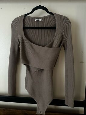 Abercrombie Asymmetric Ribbed Bodysuit with Draped Detail - Brown